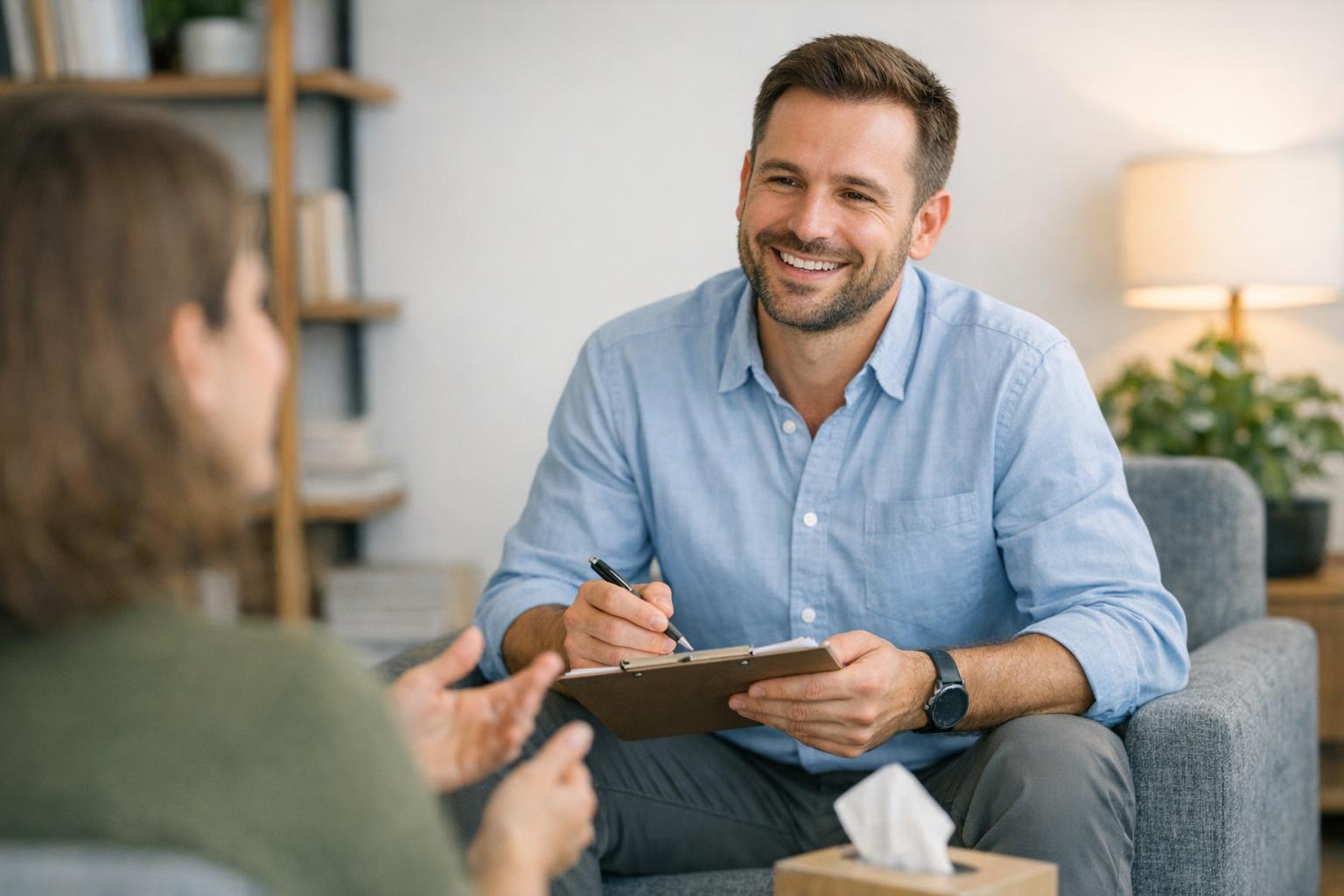 Zdjęcie uśmiechniętego terapeuty pracującego z pacjentem