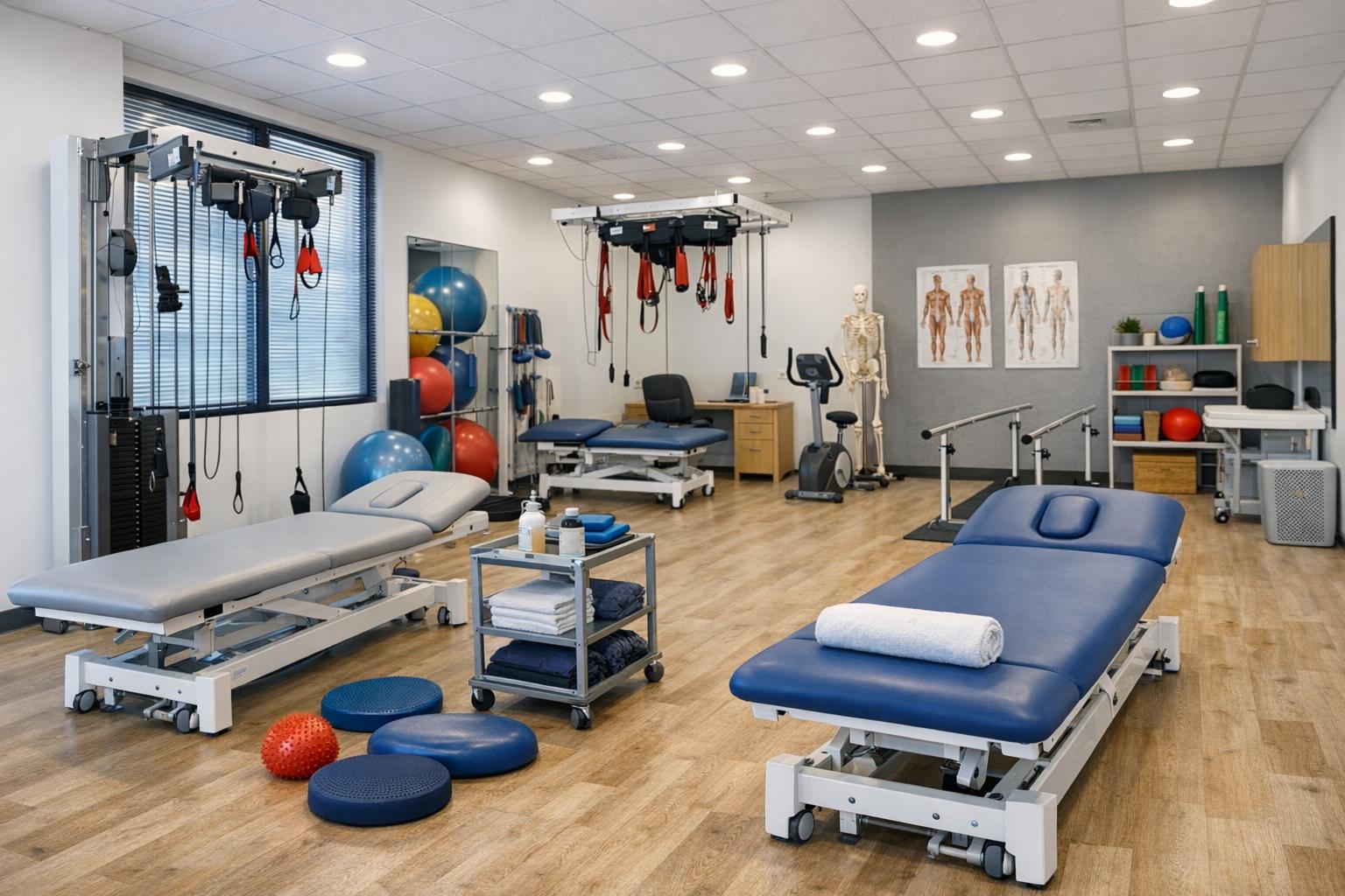 Widok wnętrza gabinetu rehabilitacji z profesjonalnym sprzętem i leżankami