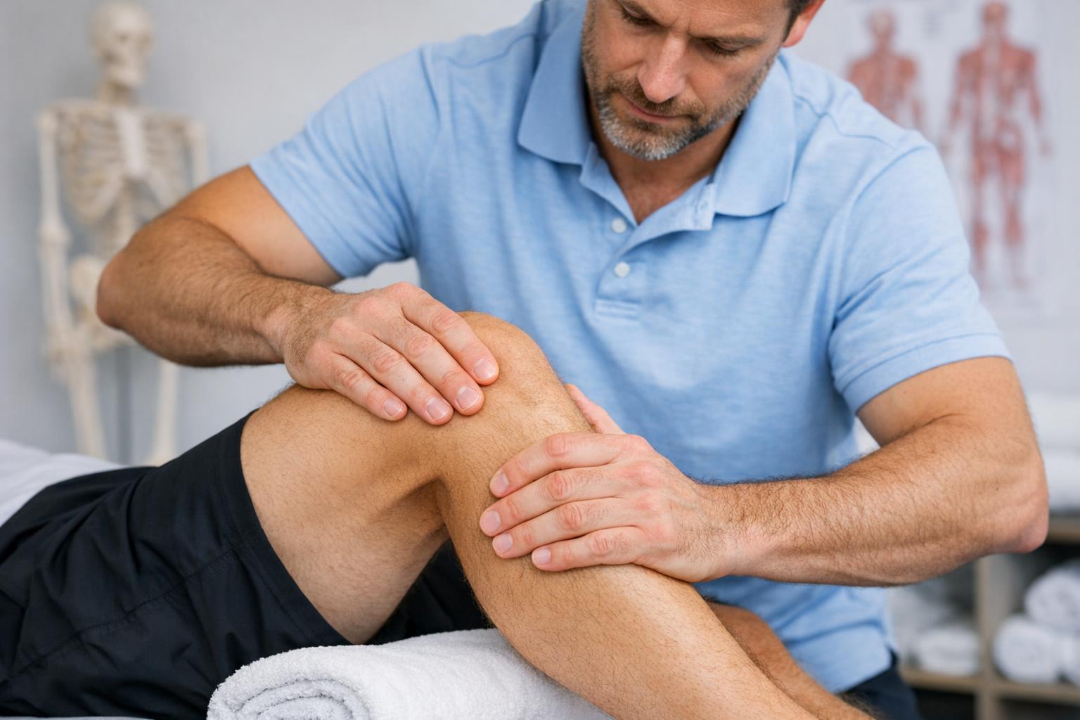 Terapeuta wykonujący terapię manualną na stawie kolanowym pacjenta