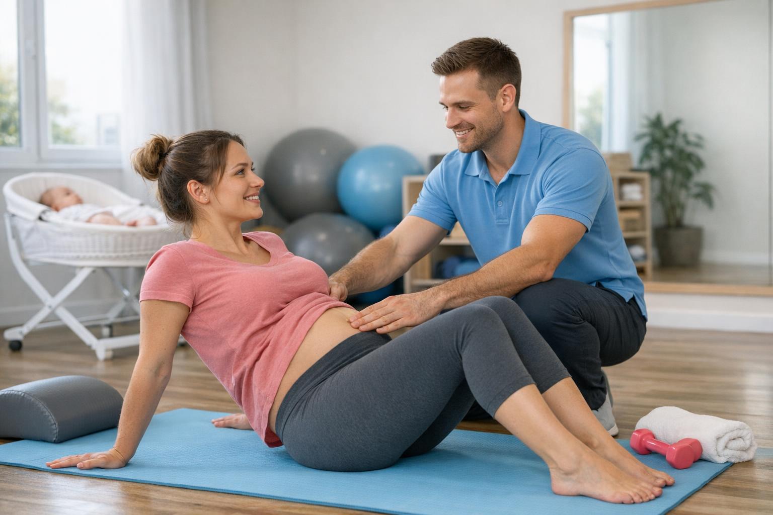 fizjoterapeuta pracujący z młodą mamą podczas ćwiczeń po porodzie