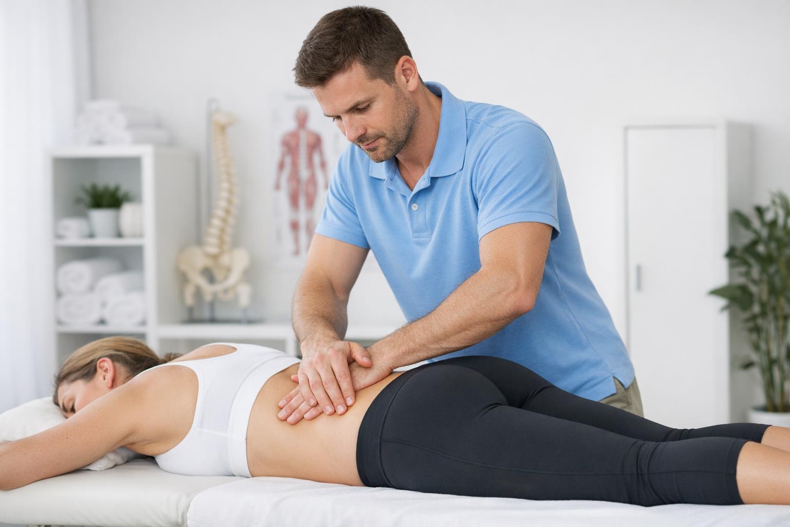 Terapeuta wykonujący terapię manualną na odcinku lędźwiowym kręgosłupa
