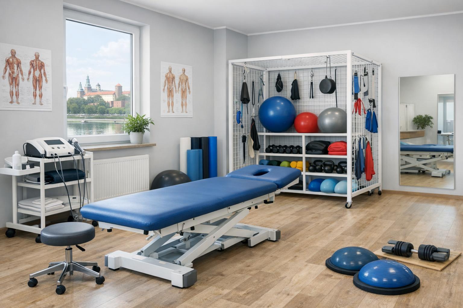 Gabinet fizjoterapeutyczny w Krakowie z leżanką i sprzętem do rehabilitacji