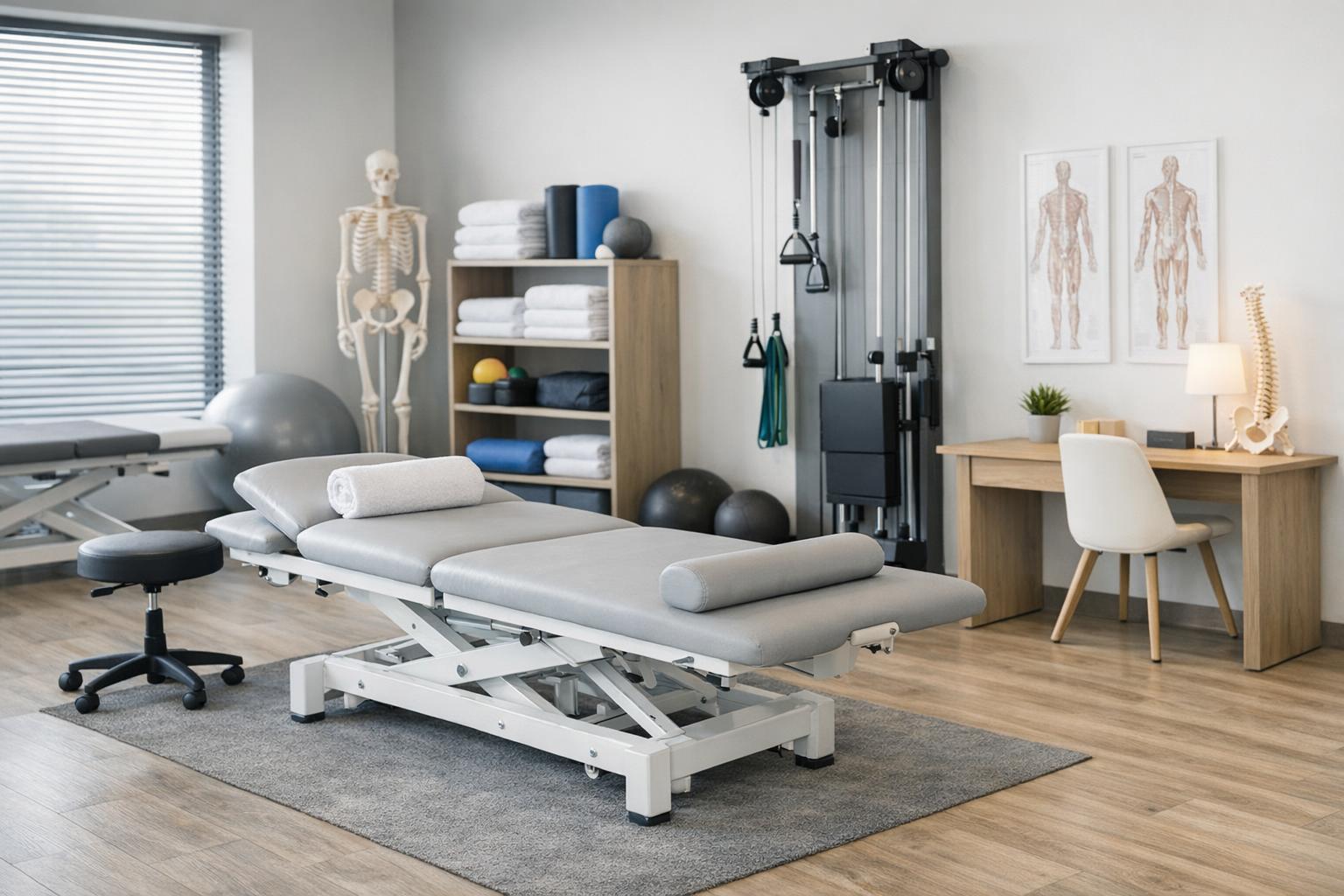 Fotografia nowoczesnego wnętrza gabinetu rehabilitacji z widocznym stanowiskiem terapeutycznym