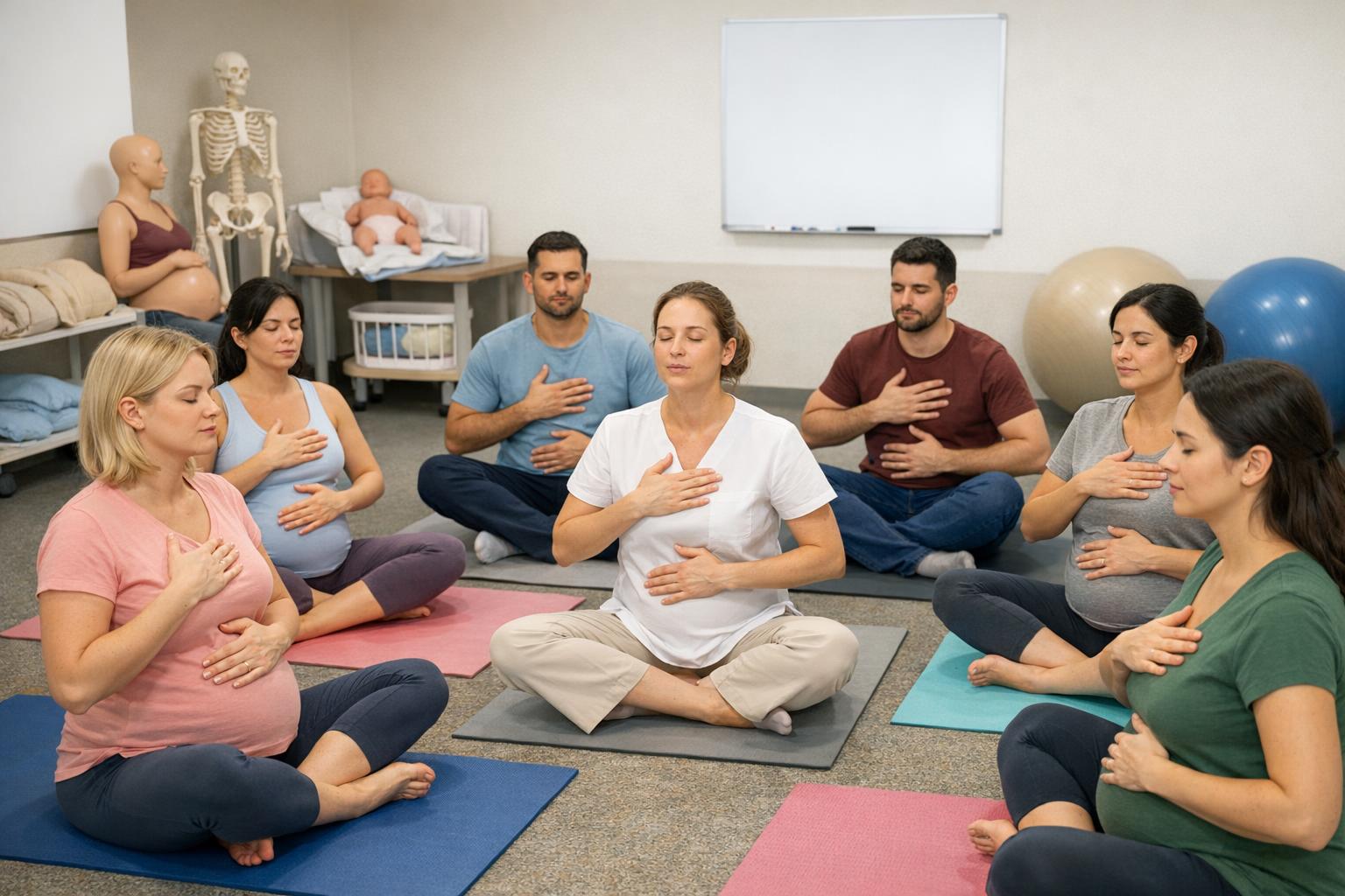 ćwiczenia oddechowe podczas zajęć szkoły rodzenia w sali praktycznej
