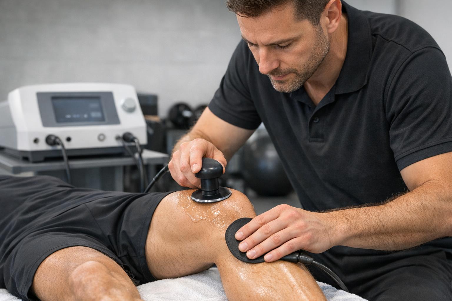 zdjęcie terapeuty wykonującego zabieg Indiba na kolanie sportowca